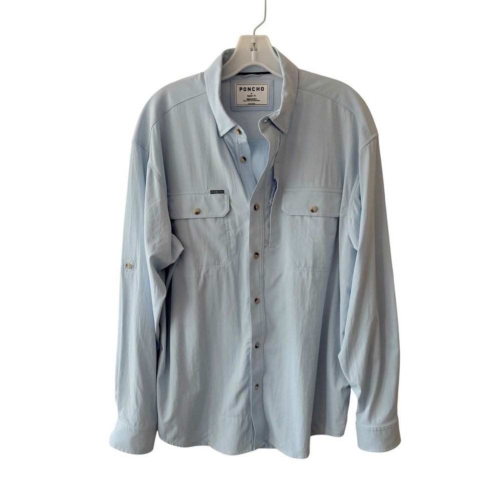 PONCHO Light Blue Fishing Gorpcore Outdoor Heritage Shirt Magnetic Pocket MEDIUM